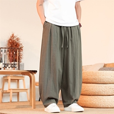8XL-M亚麻弯刀裤直筒阔腿裤子男夏季宽松大码运动灯笼裤KZ068P60，男装休闲裤，电商B312