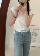 V领冰丝短袖女抽绳黑白条纹飞飞袖薄款显瘦针织衫，女装针织衫/毛衣，圣旺供货
