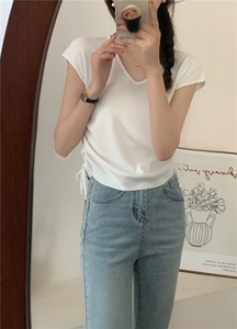 V领冰丝短袖女抽绳黑白条纹飞飞袖薄款显瘦针织衫图片