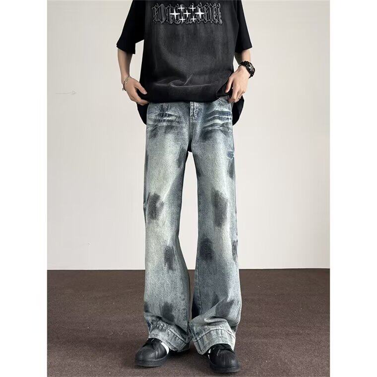 美式高街扎染牛仔裤男潮牌痞帅宽松百搭阔腿裤复古做旧直筒裤男潮，男装牛仔裤，星座813-2