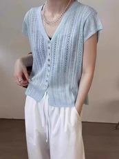 新款v领镂空开衫时尚百搭修身型，女装衬衫，锦弘羊绒