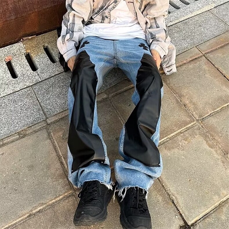 美式街头复古拼接PU皮十字架牛仔裤男高街潮牌贴皮刺绣NKC04P65图片