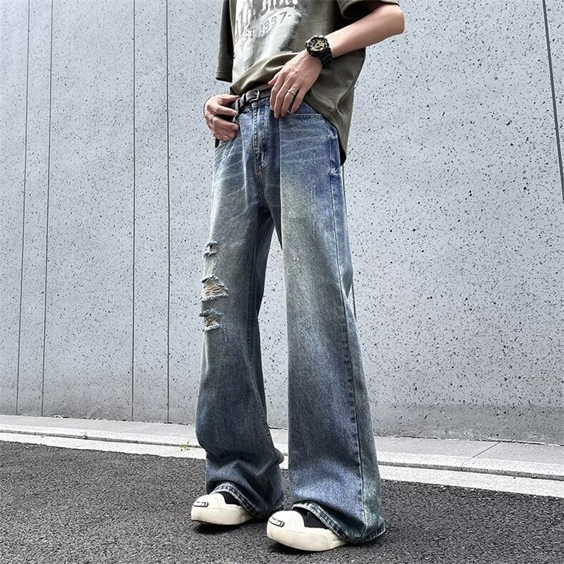 美式水洗做旧微喇叭破洞牛仔裤男高街宽松阔腿裤休闲长裤9088/P46,男装牛仔裤,星座506