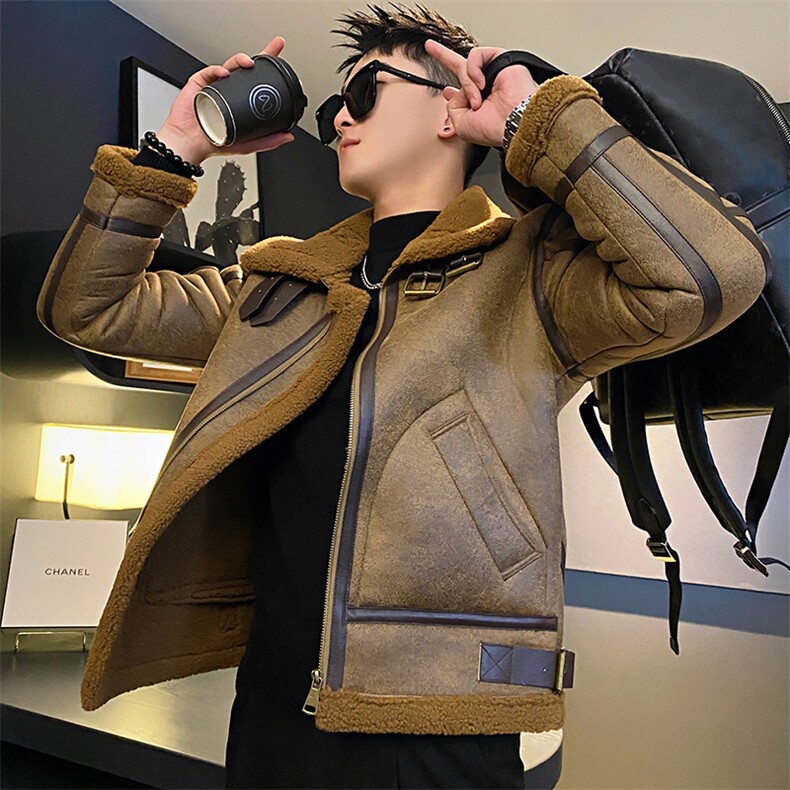 AY02/特P158控208冬季社会小伙机车加绒保暖皮毛一体夹克男卡其首图片