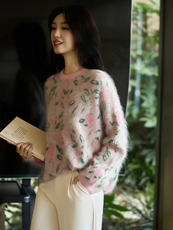 高端氛围感拉绒羊毛针织衫女韩系提花长袖保暖长毛宽松慵懒毛衣潮，女装针织衫/毛衣，暖烁羊绒
