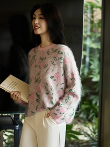 高端氛围感拉绒羊毛针织衫女韩系提花长袖保暖长毛宽松慵懒毛衣潮图片