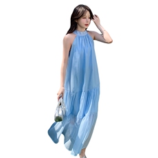 蓝色挂脖无袖连衣裙女2025夏季新款超好看法式宽松海边度假风长裙，女装连衣裙，2C206