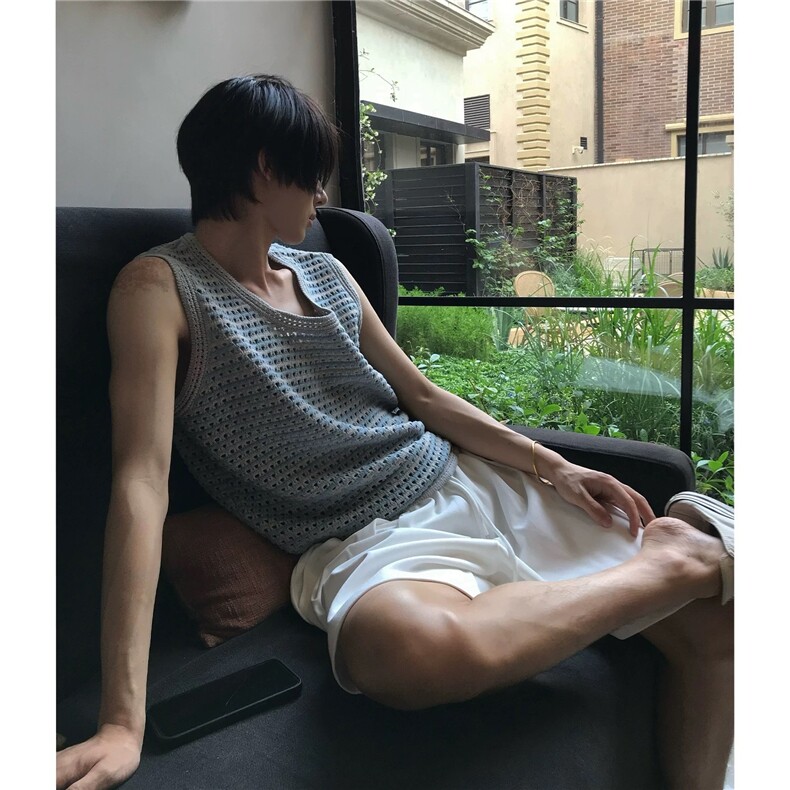 镂空设计背心夏款外穿慵懒风针织条纹无袖T恤上衣潮流，男装背心/马甲，星座506A