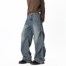 （现货）美式宽松阔腿褶皱深色牛仔裤男01XZ211-1-K2573-P65，男装牛仔裤，星座211-1