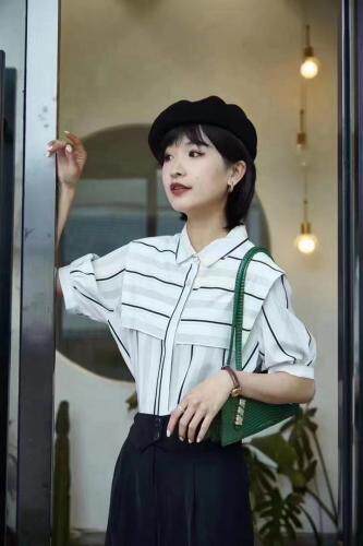 现货，夏季新款，搭片条纹衬衫，女装衬衫，OL