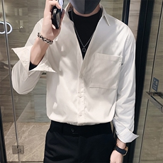 黑色2023春装社会小伙男士纯色修身长袖衬衫男潮CS049-P45控价68，男装衬衫，电商A108
