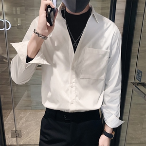 黑色2023春装社会小伙男士纯色修身长袖衬衫男潮CS049-P45控价68图片