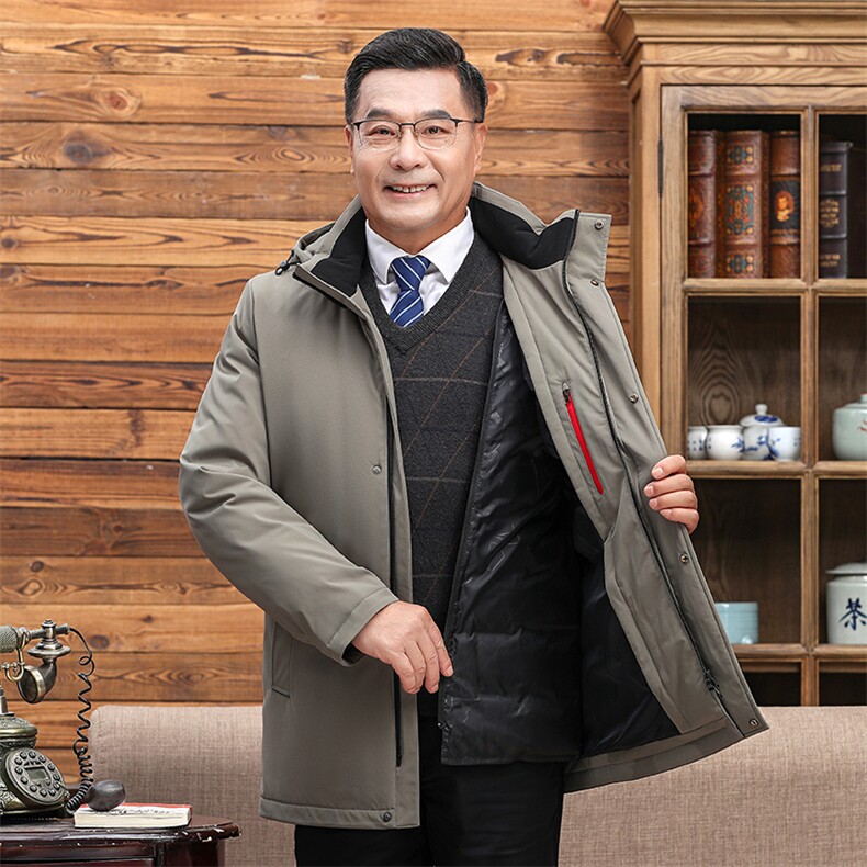继续可拆卸帽内胆中老年羽绒服外套男中长款白鸭绒羽绒服大衣图片