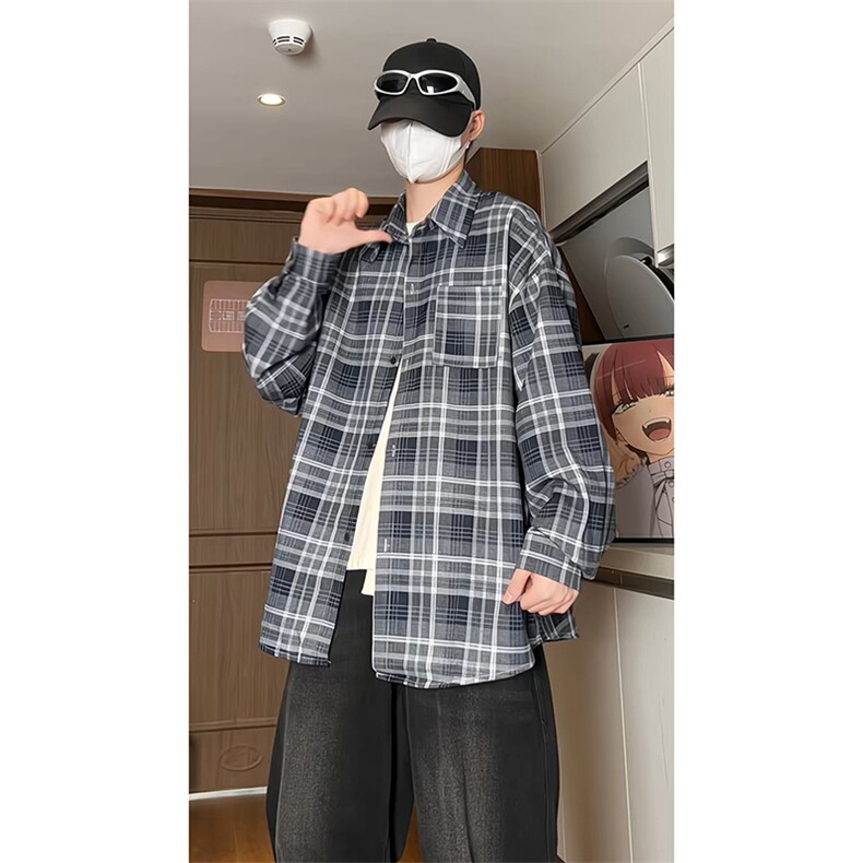 港风宽松长袖格子衬衫男KD614-P5073,男装衬衫,电商D312-1