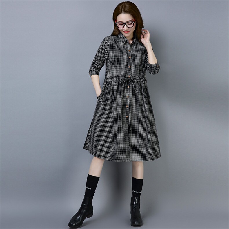 简约连衣裙复古时尚潮流排扣2024年秋季长袖中长款格子系带衬衣，女装衬衫，风姿绰