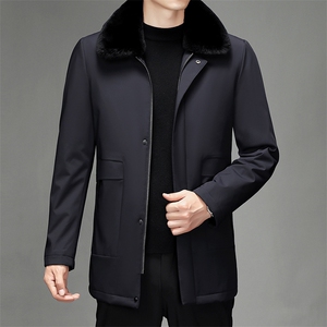 90%白鹅绒羽绒服男翻领冬休闲气质中长款毛领可拆羽绒SJ6611-P505图片