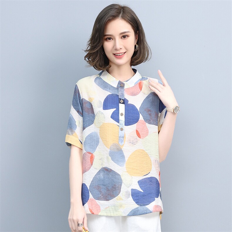 2021夏季新款简约时尚气质圆领几何图案宽松休闲舒适上衣图片