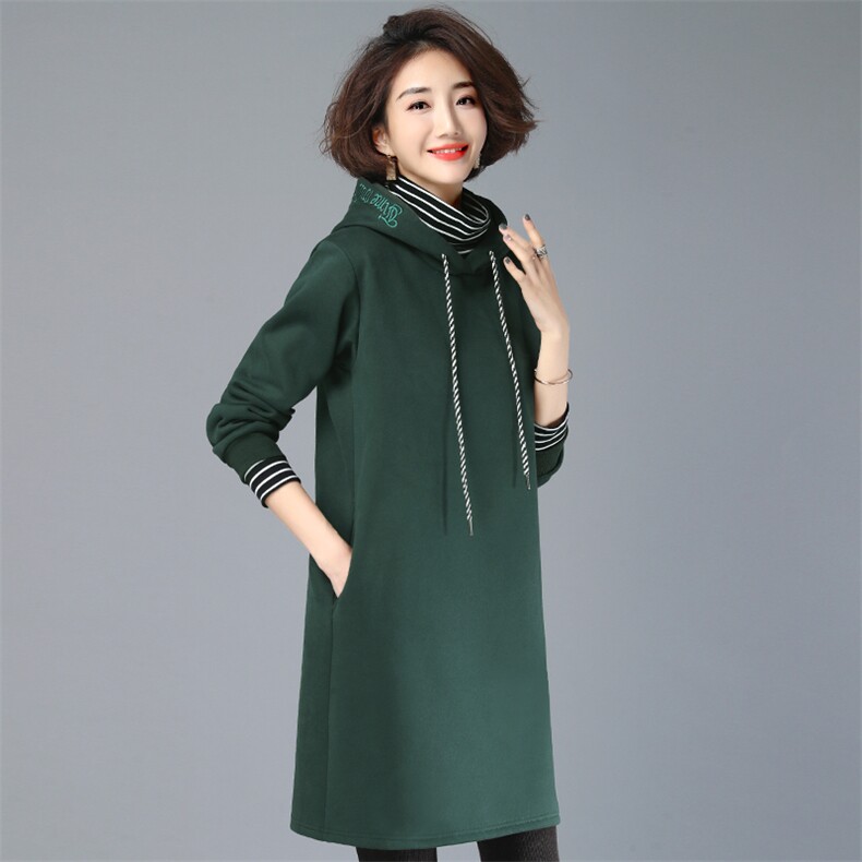 2022年绣花抽绳连帽简约套头中长款加绒卫衣,女装卫衣/绒衫,依倍林