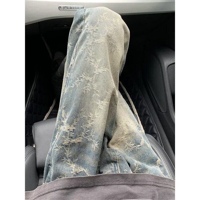 复古蓝提花牛仔裤男生ootd穿搭美式vibe风裤子潮牌痞帅炸街微喇裤,男装牛仔裤,星座1116A（原606A-3）