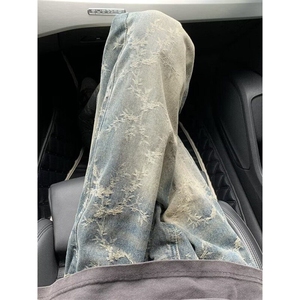 复古蓝提花牛仔裤男生ootd穿搭美式vibe风裤子潮牌痞帅炸街微喇裤图片