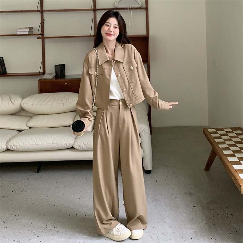 卡其色休闲运动装套装女2024春秋新款穿搭一整套西装阔腿裤两件套,女装套装/套裙,2C205