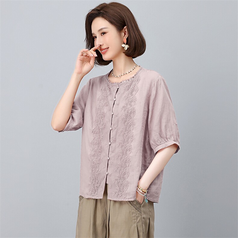 纯苎麻衬衫女夏薄款2025文艺刺绣妈妈款上衣,女装衬衫,忆绮罗