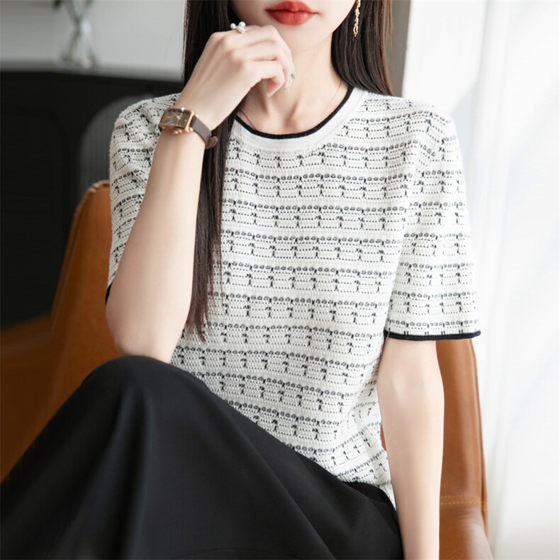 夏季纯棉针织短袖T恤女圆领小香风拼色提花上衣宽松半袖打底，女装T恤，秋双羊绒