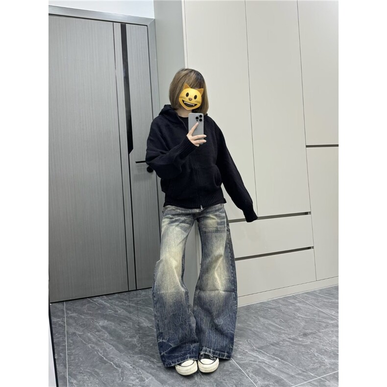 美式高街vibe复古蓝水洗做旧牛仔裤男潮直筒微喇显瘦cleanfit长裤,男装牛仔裤,星座506A