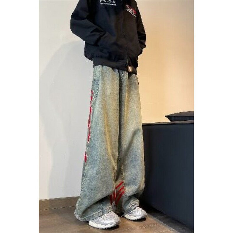 高街拼接设计三杆牛仔裤男款2025春秋季炸街直筒阔腿垂感裤,男装牛仔裤,星座410-6（原星座1304-1）