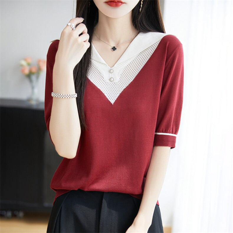拼色海军领莱赛尔天丝针织衫五分袖T恤女宽松镂空珍珠扣短袖上衣，女装蕾丝衫/雪纺衫，暖烁羊绒