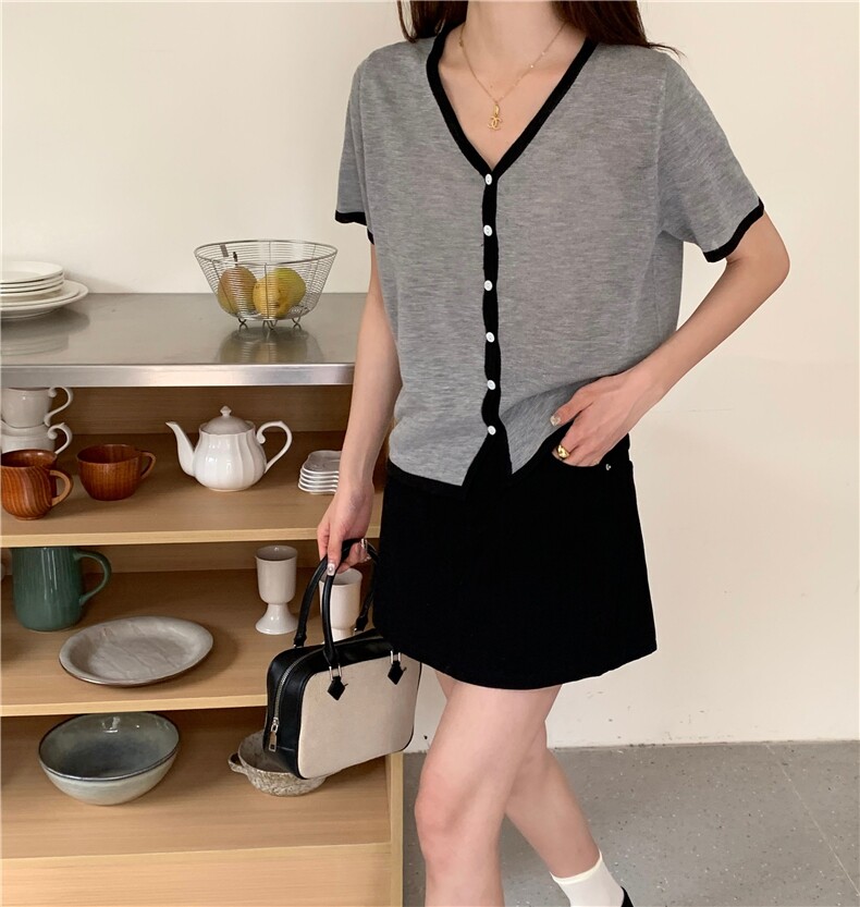 夏季新款简约V领短袖针织衫女宽松休闲百搭上衣,针织衫/毛衣,伟祺羊绒