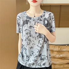 印花设计莱赛尔针织短袖T恤女圆领百搭短袖背心25新款针织打底，女装T恤，朝贺羊绒