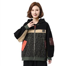 2021年冬季长袖豹纹加厚宽松拼接撞色拼贴连帽外套，女装短外套，叶笙衣