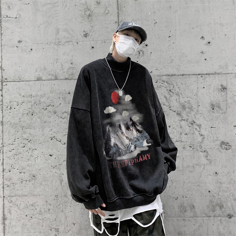 水洗做旧加绒加厚卫衣男23冬高领风景油画打底衫XZ514-2-X52-P78,男装T恤,星座514-2(原B239)