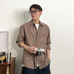1506/QFA67690/P60复古小格子衬衫口袋高级感长袖衬衣情侣休闲图片