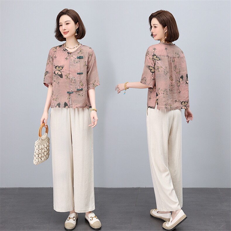 中式复古盘扣苎麻印花2025年夏装新款高端面料套装，女装套装/套裙，凝聚力