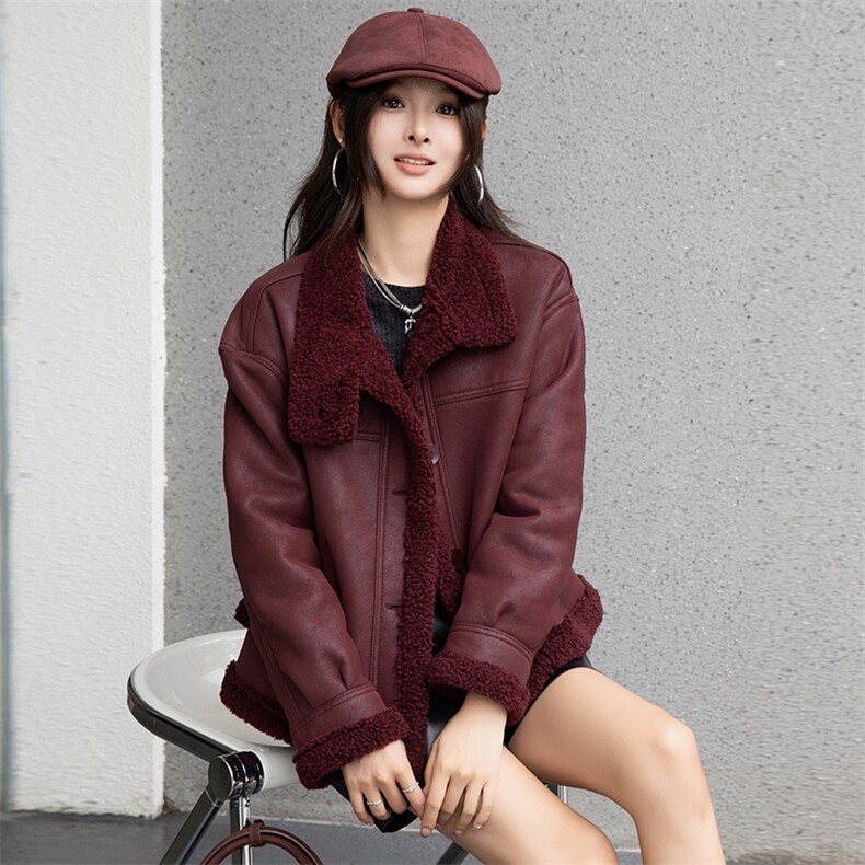 现货皮毛一体仿羊羔毛外套女短款2024秋冬新款加绒加厚外套,女装羊羔毛/颗粒绒,江南女神