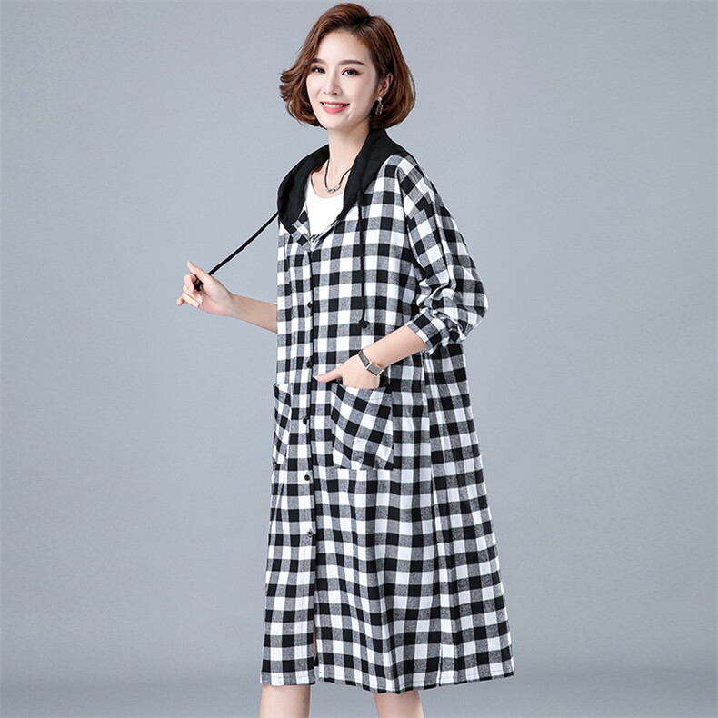 棉质红格子薄款单层连帽风衣外套女长款衬衫2025新款春秋，女装衬衫，风姿绰