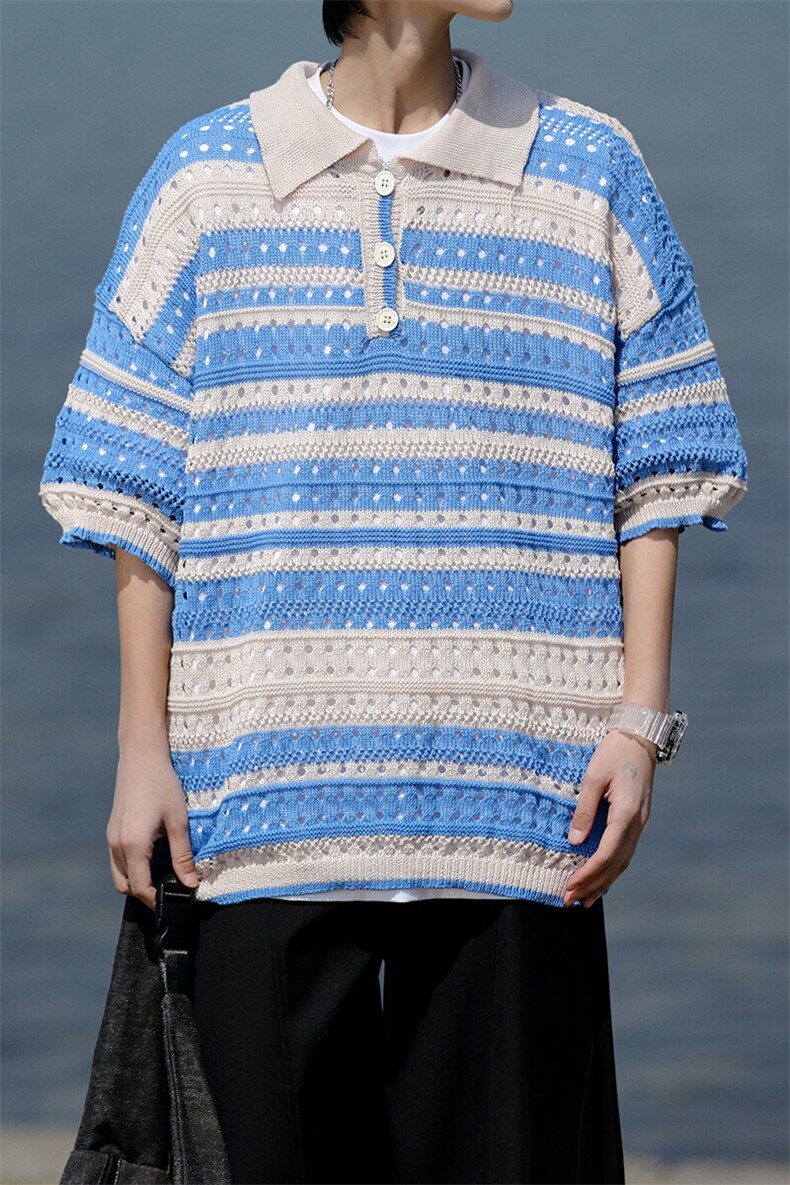 8XL-M特大码美式复古条纹撞色针织POLO衫翻领休闲短袖TDX311P35,男装T恤,电商D206-1