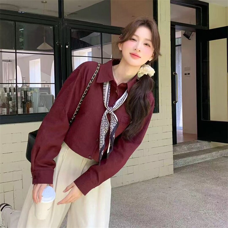 休闲气质丝巾衬衫2025年秋短款外套时尚百搭宽松长袖上衣女,女装衬衫,2C229