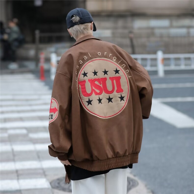 美式复古刺绣皮衣PU皮外套男女同款秋冬季2024新款宽松,男装夹克,星座716-3