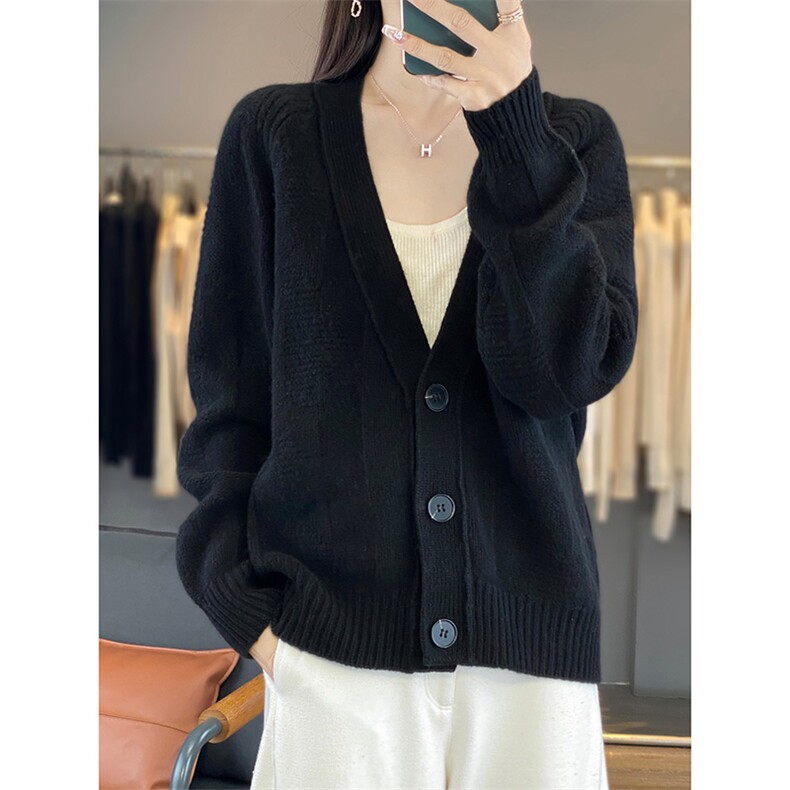 100%纯羊毛开衫女V领中长款带兜长袖毛衣宽松慵懒羊绒衫上衣打底，女装羊毛衫，聚奥羊绒