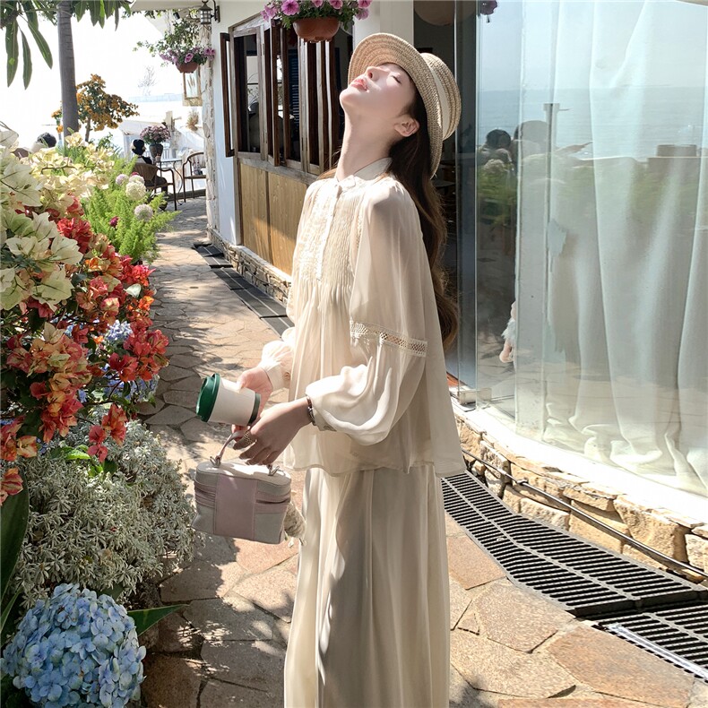 超仙时尚雪纺套装女2026春夏新款半透减龄显瘦流行阔腿裙裤三件套，女装套装/套裙，水衣源