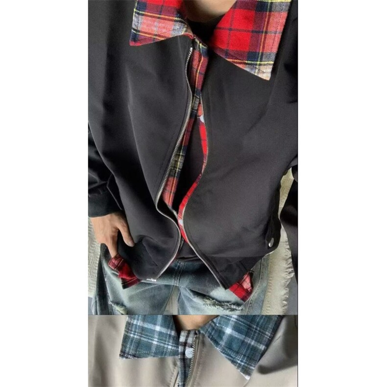 假两件格纹衬衫拼接工装夹克男款cleanfit美式翻领外套飞行员上衣,男装夹克,四季星座505