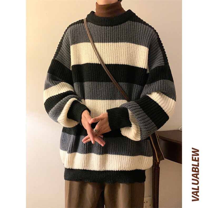 ！23新款宽松大码半高领条纹毛衣加厚针织衫M83-P55控78图片