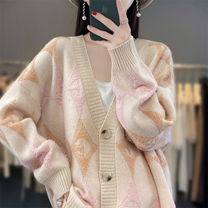 秋冬100%纯羊毛开衫女V领中长款宽松复古提花撞色羊绒针织衫外套图片