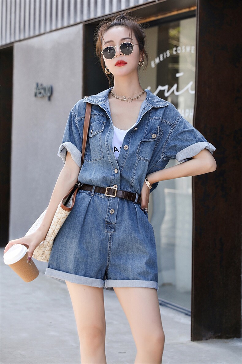 欧货洋气小个子炸街气质工装牛仔连体短裤女2025夏装炸街连衣裤潮,女装连体裤,钱塘布衣