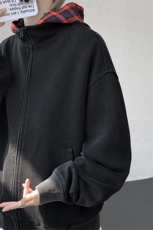 美式做旧假两件连帽卫衣男秋季潮牌拉链拼接格子开衫外套WY20P78，女装短外套，电商D206-1