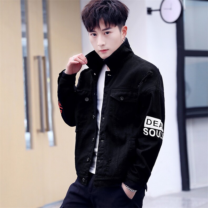 2020秋季青年破洞牛仔刺绣夹克外套男学生棒球服上衣J，男装夹克，A067