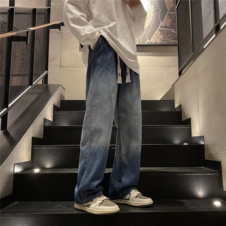 渐变牛仔裤男女2024春秋新款美式潮牌宽松直筒裤休闲长裤子NK701,男装牛仔裤,星座601-2